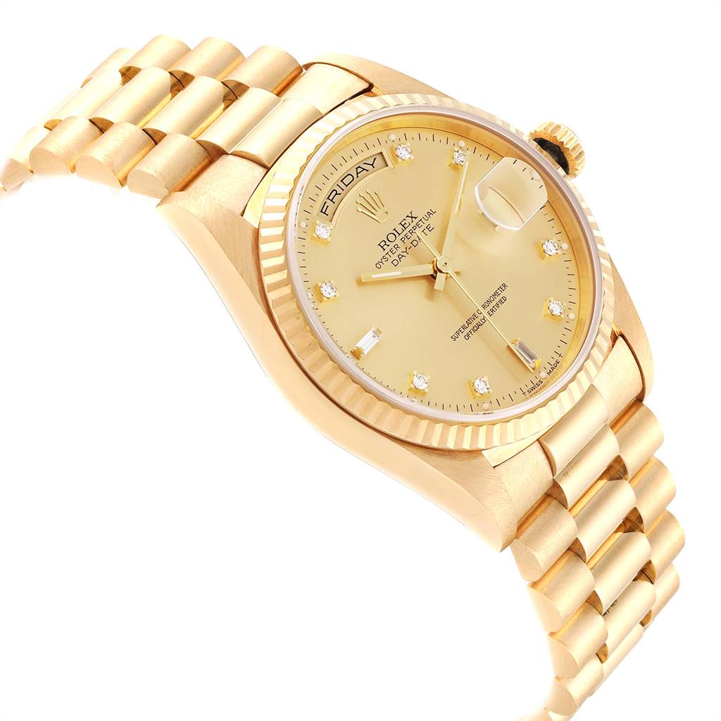 The image shows a Rolex President 18238 Men
s Yellow Gold Champagne Dial 18238 Men
s Yellow Gold Champagne Dial model watch at a three-quarter angle, highlighting the gold band, bezel, crown, and face with diamond hour markers.