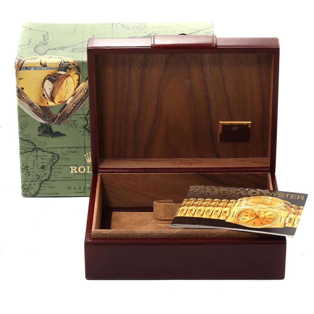 The image shows the packaging, display box, and booklet for a Rolex President 16238 Men
s Yellow Gold Champagne Dial 16238 Men
s Yellow Gold Champagne Dial model watch from a front angle.