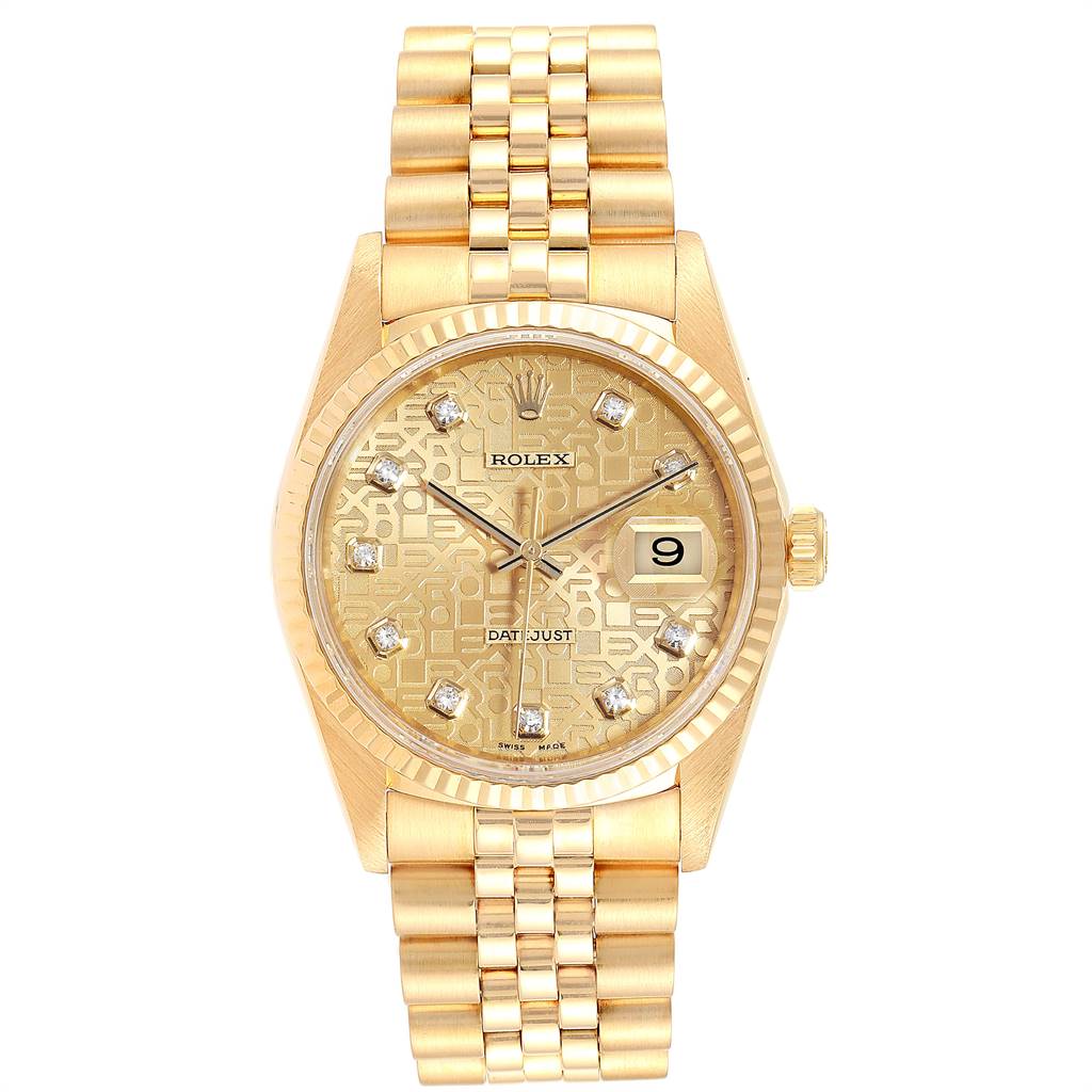 This image shows a Rolex President 16238 Men
s Yellow Gold Champagne Dial 16238 Men
s Yellow Gold Champagne Dial model watch from a front angle, displaying the face, dial, date, and bracelet.