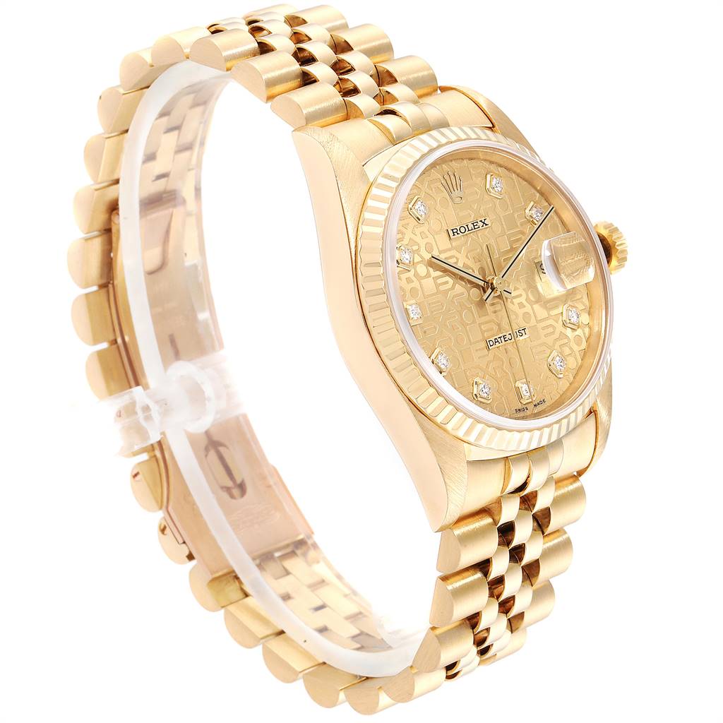 This image shows a Rolex President 16238 Men
s Yellow Gold Champagne Dial 16238 Men
s Yellow Gold Champagne Dial model watch at a slight side angle, highlighting its gold bracelet, case, and diamond-embellished dial.