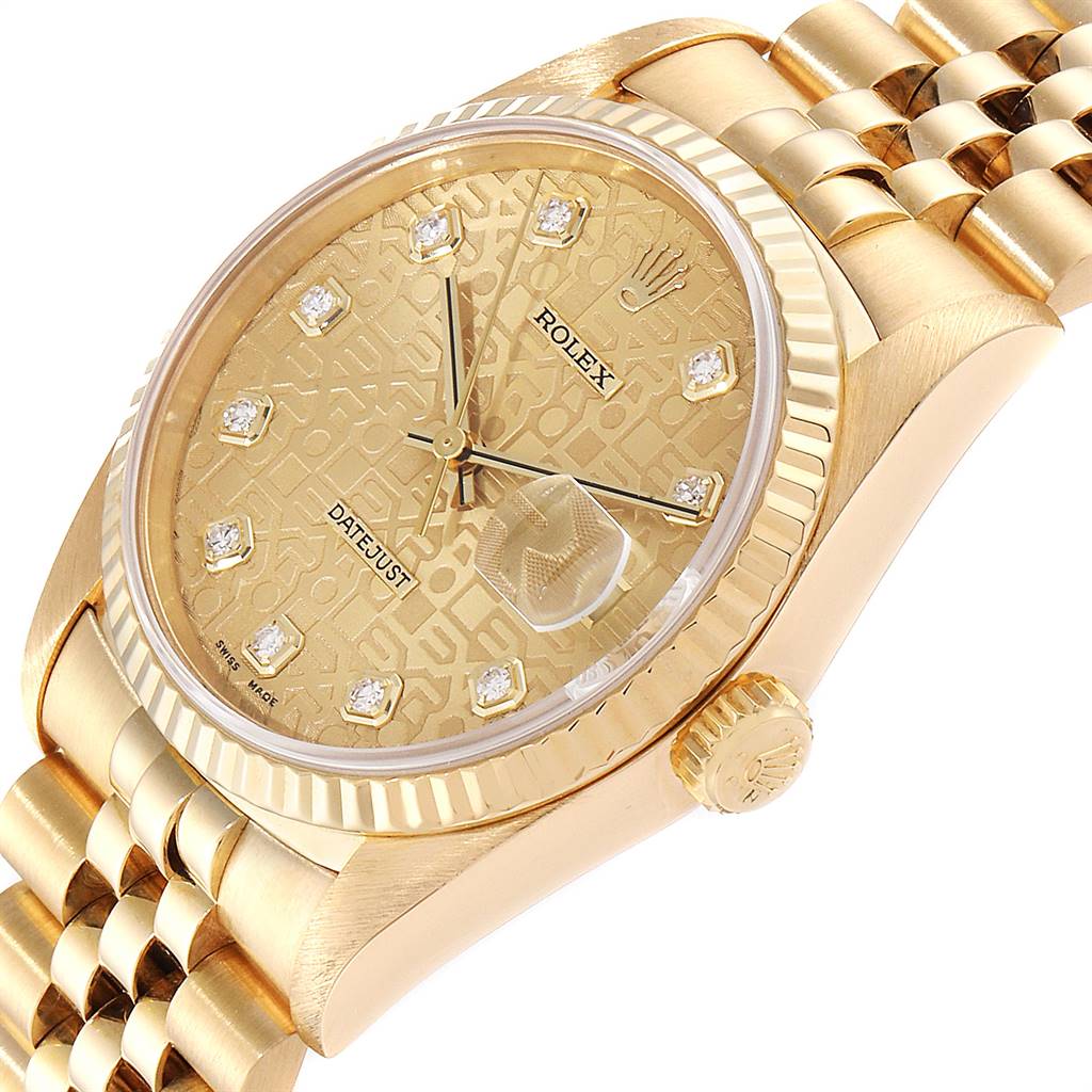This image shows a Rolex President 16238 Men
s Yellow Gold Champagne Dial 16238 Men
s Yellow Gold Champagne Dial model watch at an angled view, highlighting the dial, crown, and part of the bracelet.