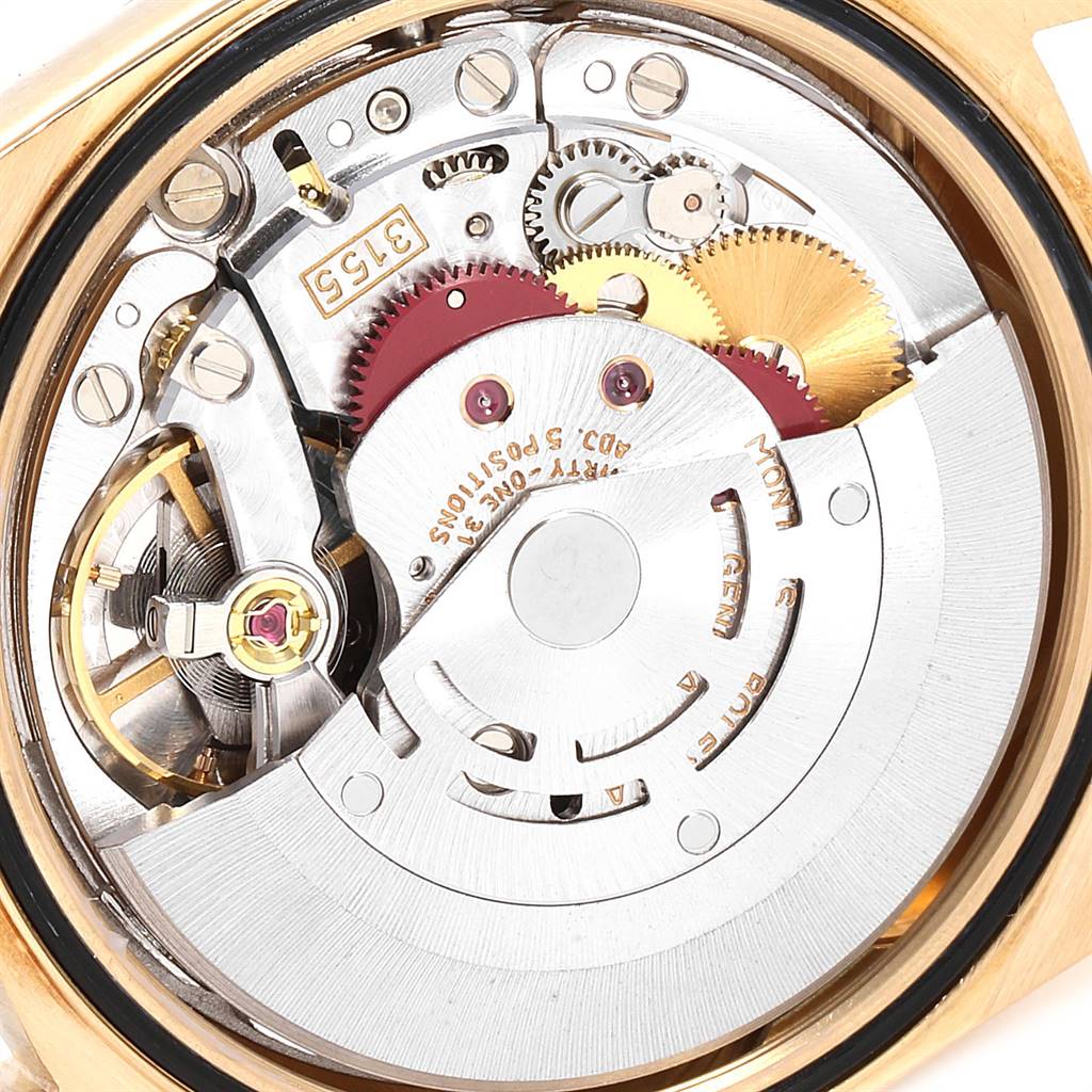 This image shows the internal mechanical movement of the Rolex President 18238 Men
s Yellow Gold Black Dial 18238 Men
s Yellow Gold Black Dial model watch, viewed from the back.