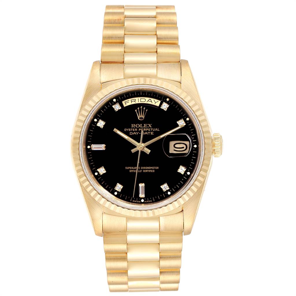 This is a front-facing view of a Rolex President 18238 Men
s Yellow Gold Black Dial 18238 Men
s Yellow Gold Black Dial model watch, displaying its black dial, day-date function, and gold bracelet.