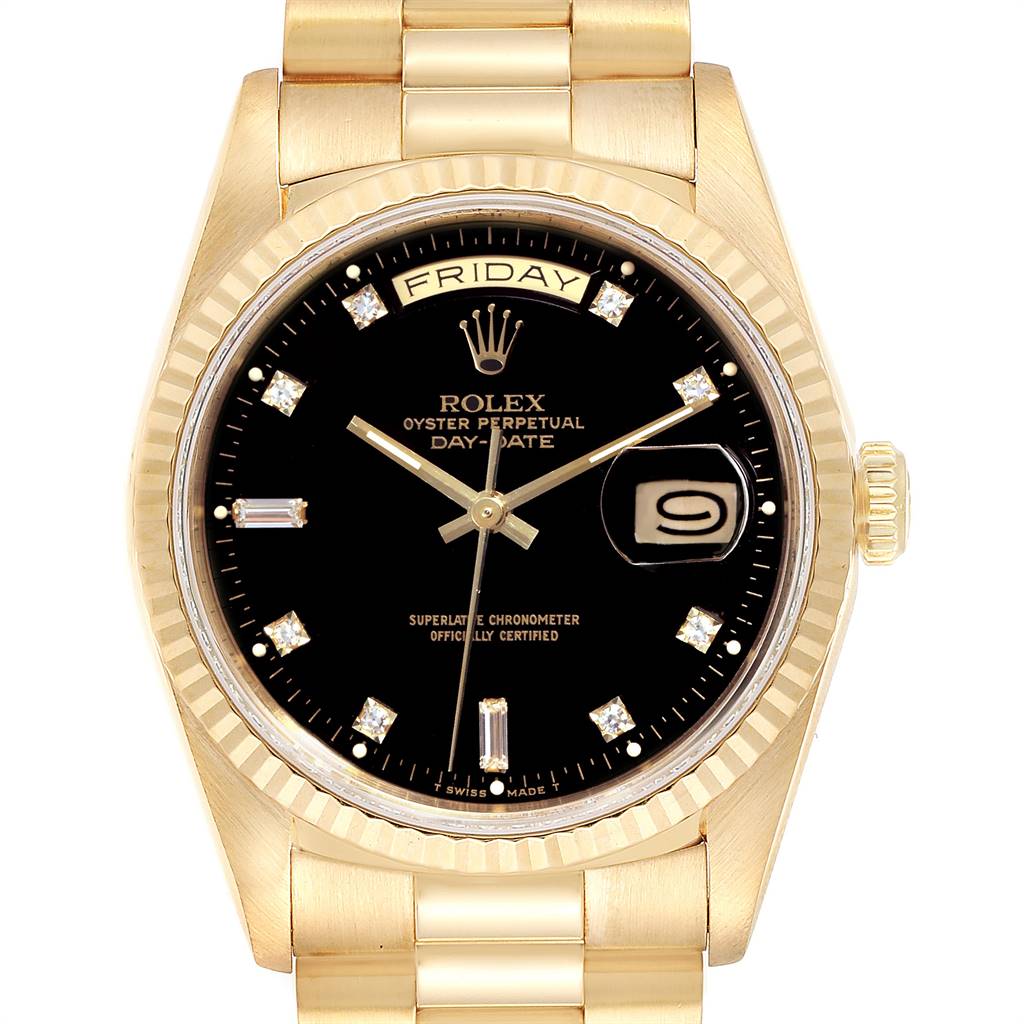 This image shows a frontal view of a Rolex President 18238 Men
s Yellow Gold Black Dial 18238 Men
s Yellow Gold Black Dial model, highlighting the dial, hands, day-date display, and bracelet.
