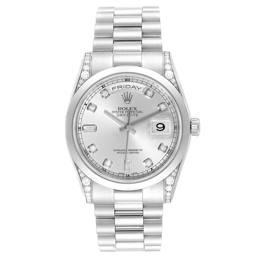 The image shows a front view of the Rolex President 118296 Men's Platinum Silver Dial 118296 Men's Platinum Silver Dial model, highlighting the dial, bracelet, day, and date features.