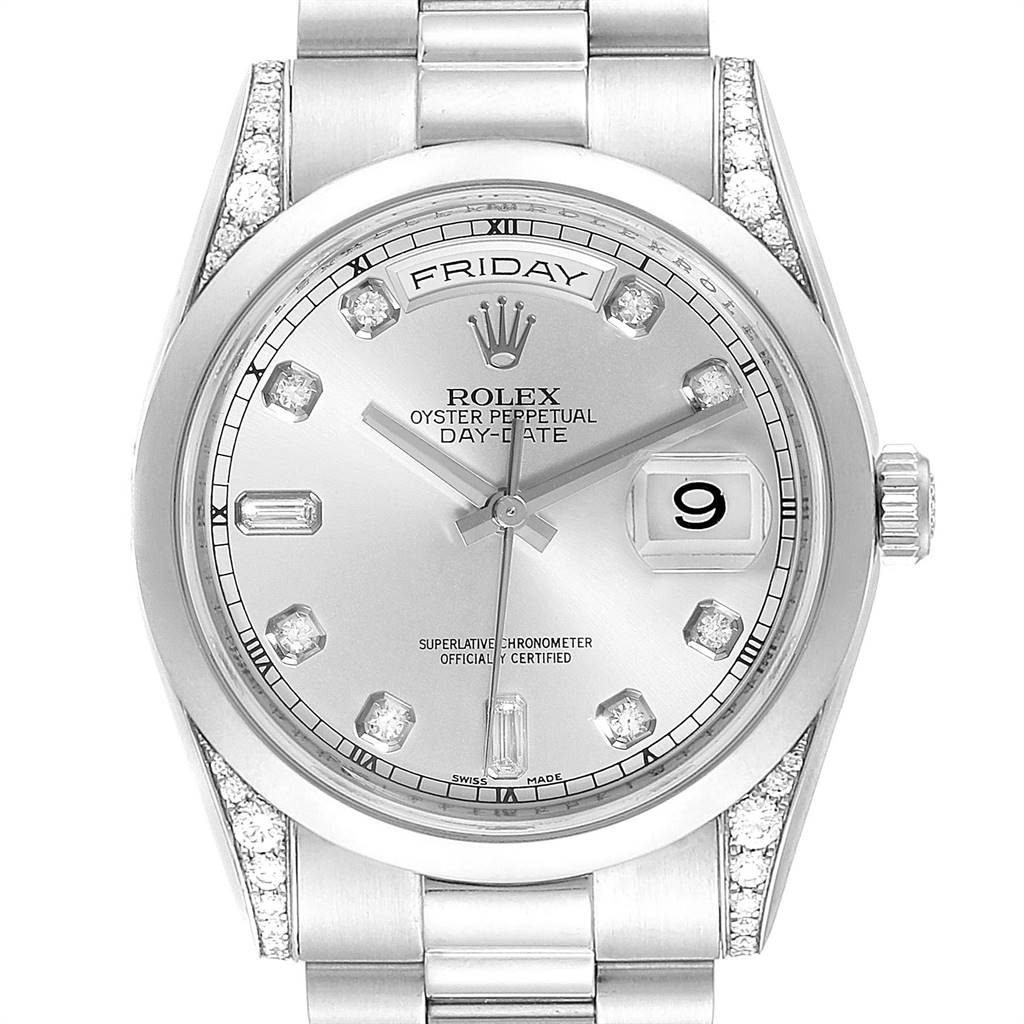 This image shows a front view of the Rolex President 118296 Men's Platinum Silver Dial 118296 Men's Platinum Silver Dial model, displaying the dial, date, day, and part of the bracelet.