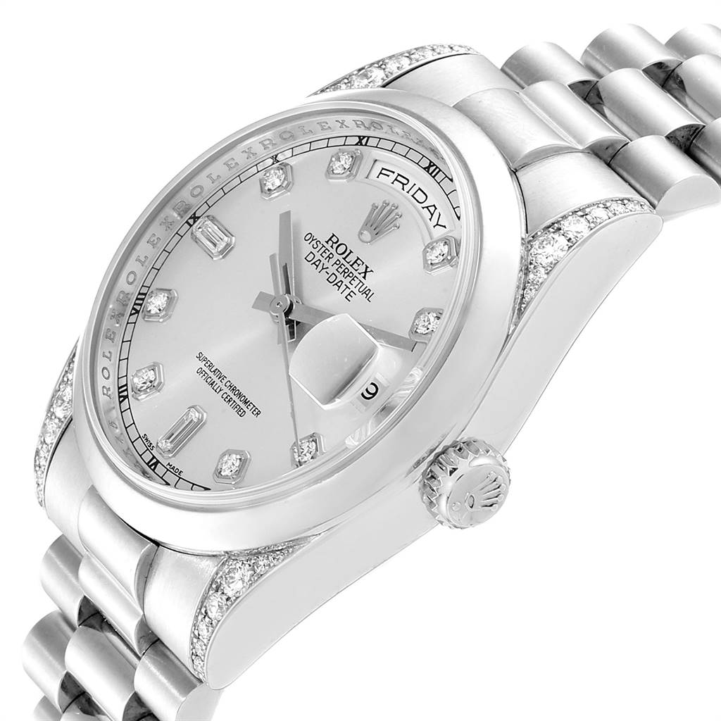 The Rolex President 118296 Men's Platinum Silver Dial 118296 Men's Platinum Silver Dial model watch is shown at a tilted angle, displaying its face, crown, bracelet, and diamond accents.