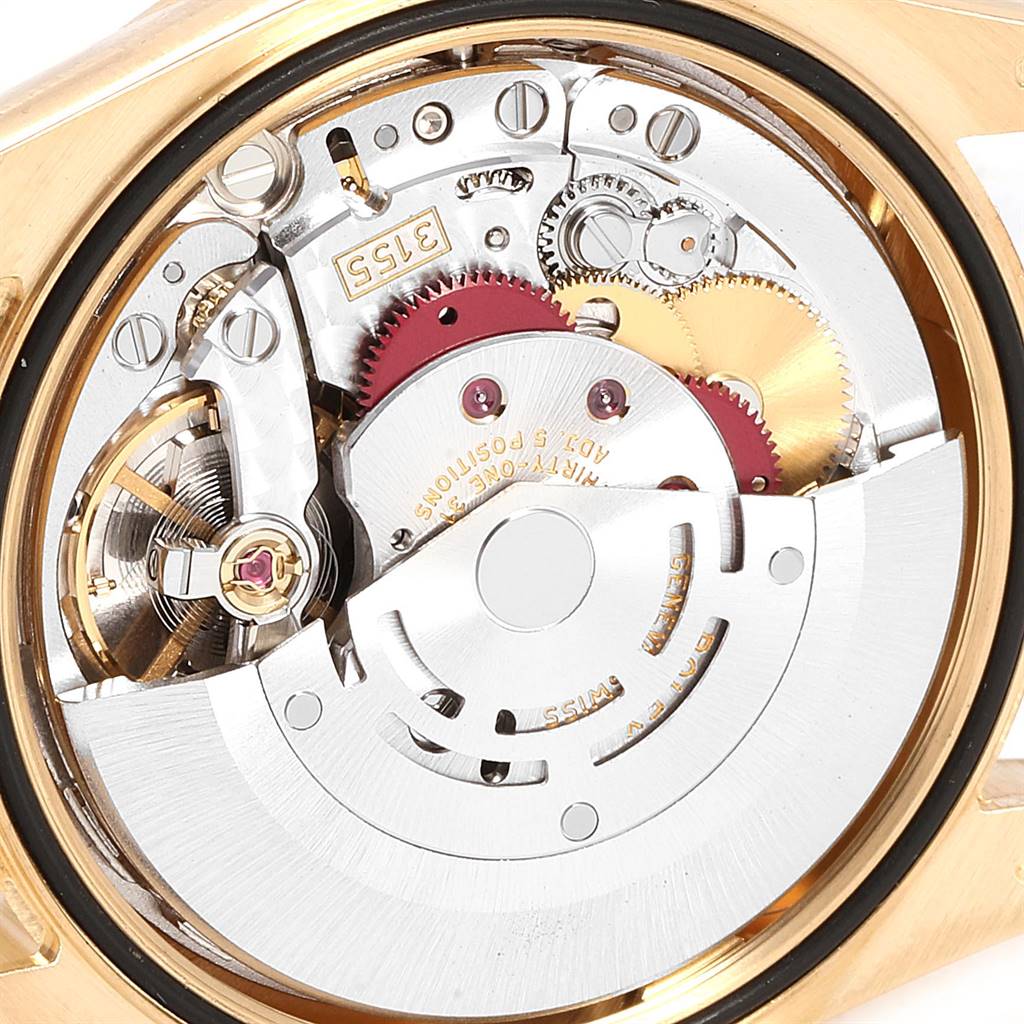 This image shows the internal movement mechanism of a Rolex President 118238 Men
s Yellow Gold Champagne Dial 118238 Men
s Yellow Gold Champagne Dial model watch, viewed from the back case.