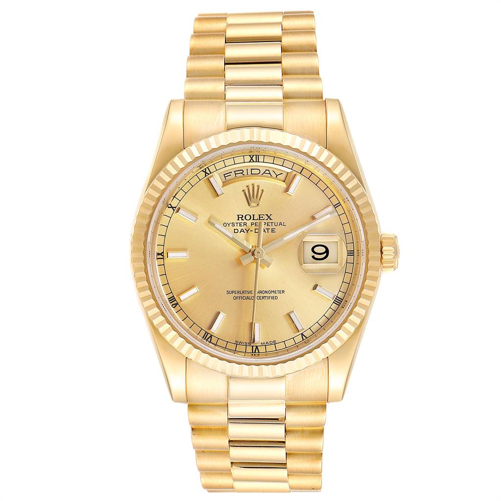 The image shows a front view of a Rolex President 118238 Men
s Yellow Gold Champagne Dial 118238 Men
s Yellow Gold Champagne Dial model watch, highlighting its gold dial, bracelet, day, and date functions.