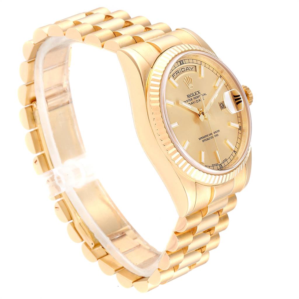 The image shows a Rolex President 118238 Men
s Yellow Gold Champagne Dial 118238 Men
s Yellow Gold Champagne Dial model watch from an angled side view, featuring the bracelet, watch face, and fluted bezel.