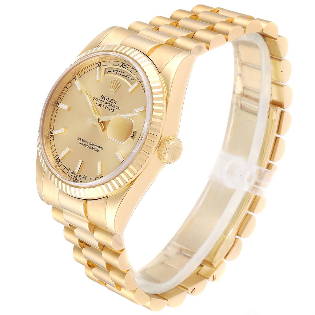 The Rolex President 118238 Men
s Yellow Gold Champagne Dial 118238 Men
s Yellow Gold Champagne Dial model watch is shown at a slight angle, displaying the face, bezel, crown, and bracelet.