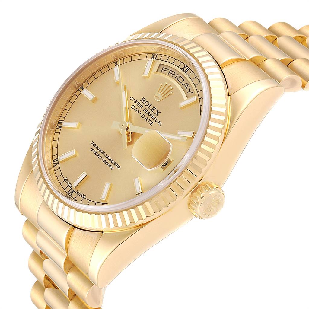 The image shows a side-angle view of the Rolex President 118238 Men
s Yellow Gold Champagne Dial 118238 Men
s Yellow Gold Champagne Dial watch, displaying the dial, bezel, crown, and part of the bracelet.