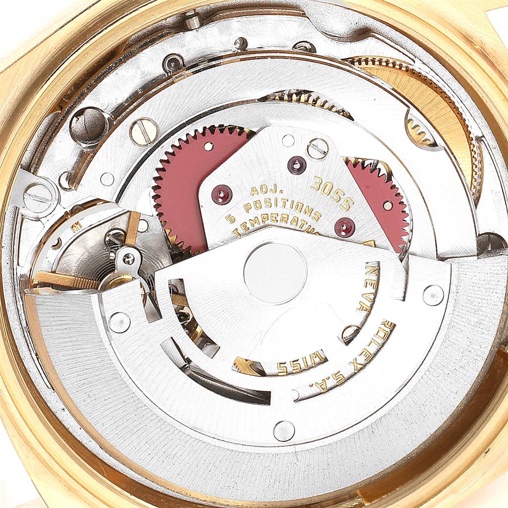 This image shows the internal mechanical movement of a Rolex President 18038 Men
s Yellow Gold Champagne Dial 18038 Men
s Yellow Gold Champagne Dial model watch, taken from the back.