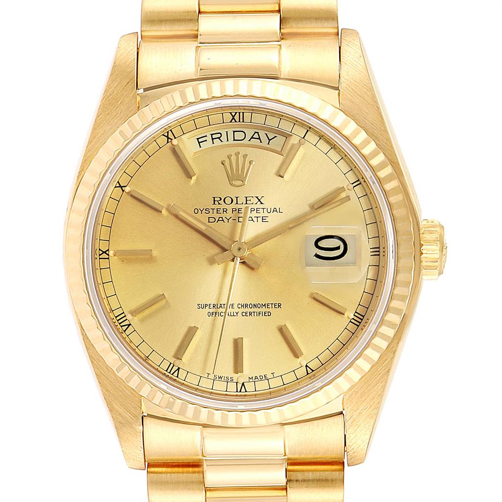 The image shows a frontal view of a Rolex President 18038 Men
s Yellow Gold Champagne Dial 18038 Men
s Yellow Gold Champagne Dial model watch, highlighting the dial, date window, and bracelet.
