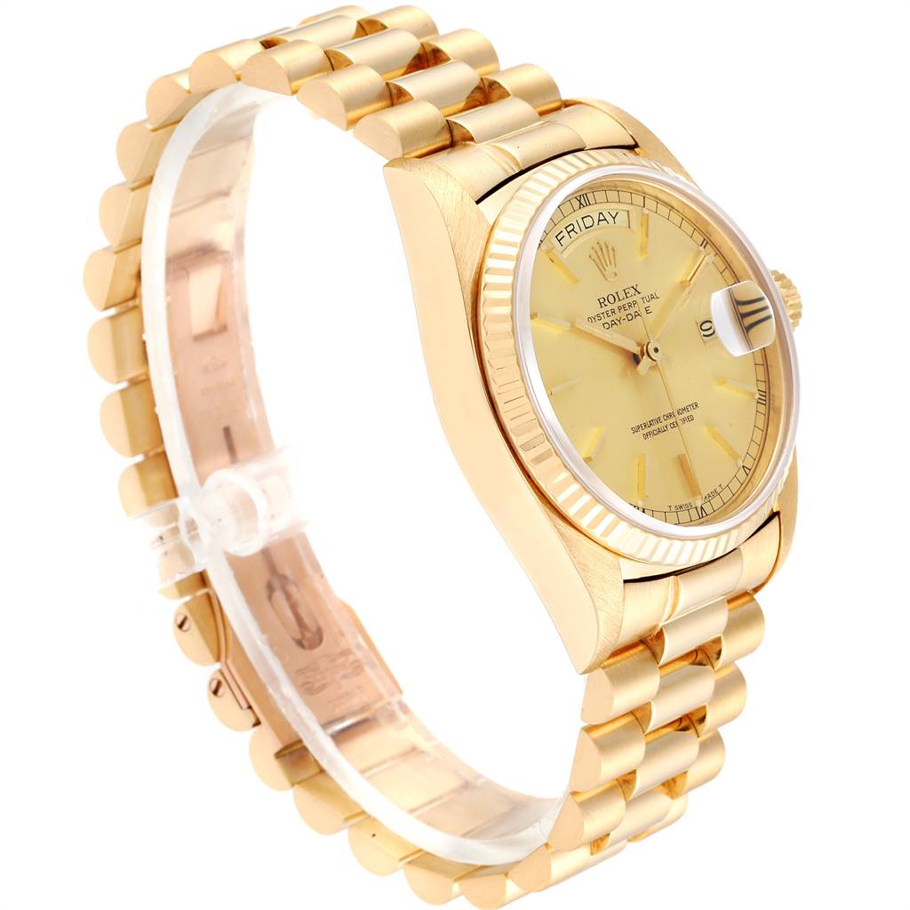 The image shows a side-angle view of a Rolex President 18038 Men
s Yellow Gold Champagne Dial 18038 Men
s Yellow Gold Champagne Dial model watch, highlighting its gold bracelet and dial.