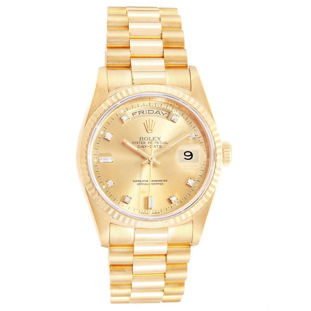 The image shows a frontal view of the Rolex President 18238 Men's Yellow Gold Champagne Dial 18238 Men's Yellow Gold Champagne Dial model watch, highlighting its gold band, dial, day, and date features.