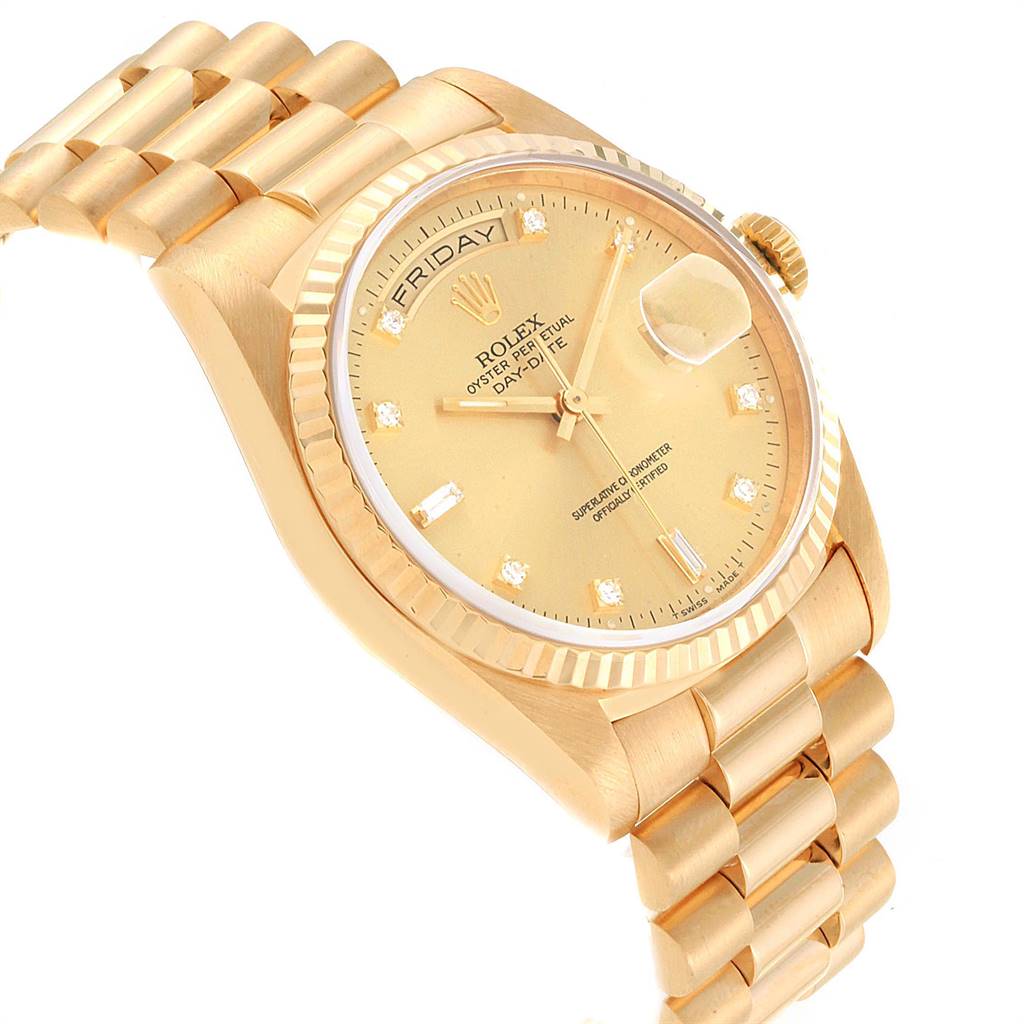 The image shows an angled side view of a gold Rolex President 18238 Men's Yellow Gold Champagne Dial 18238 Men's Yellow Gold Champagne Dial watch, highlighting the face, crown, and bracelet.