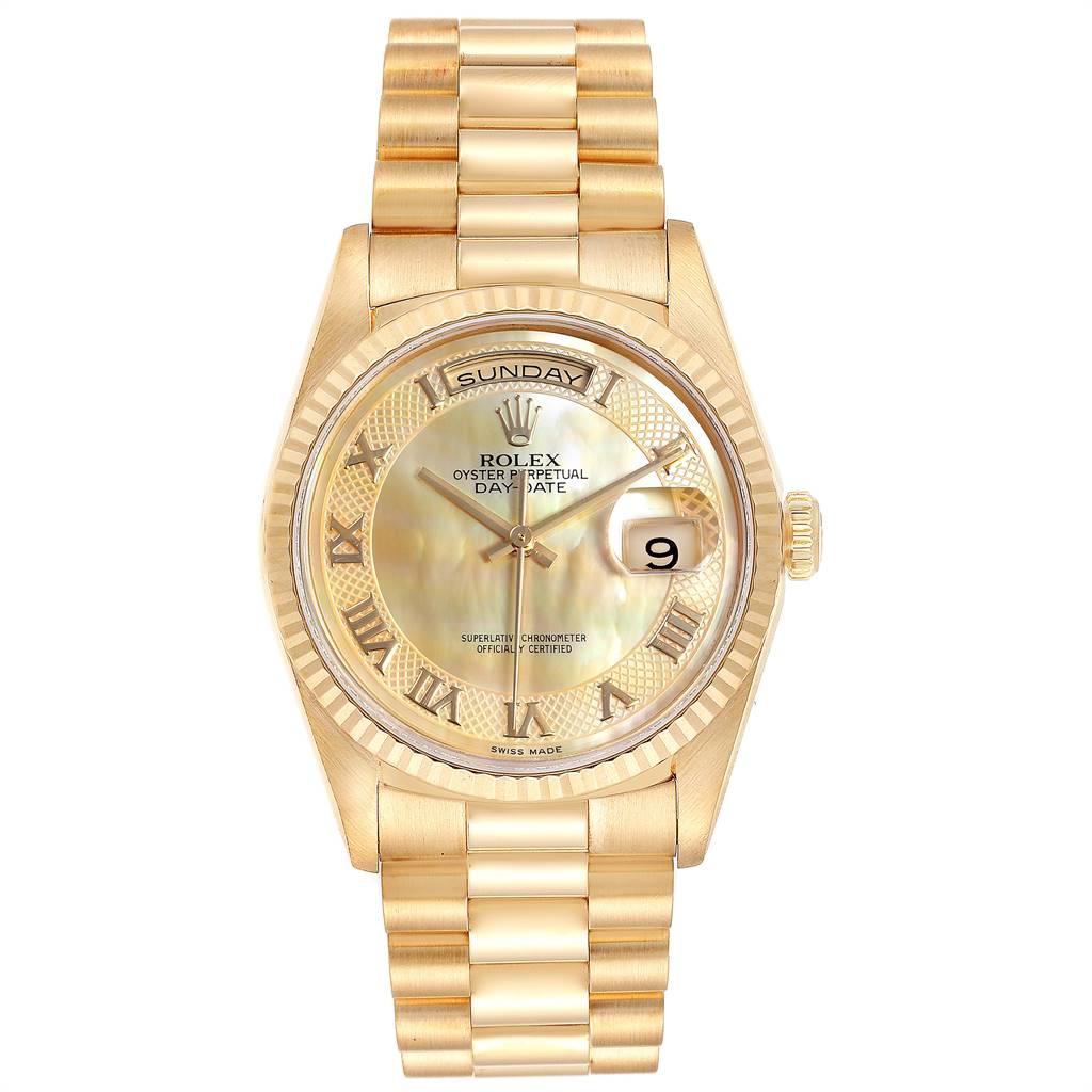 This Rolex President 18238 Men
s Yellow Gold Mother of Pearl Dial 18238 Men
s Yellow Gold Mother of Pearl Dial model watch is shown from a front angle, displaying the face, bracelet, and crown.