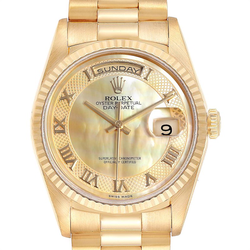Rolex President Day-Date Yellow Gold Decorated MOP Dial Mens Watch 18238 SwissWatchExpo
