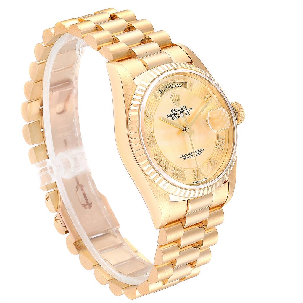 The image shows a Rolex President 18238 Men
s Yellow Gold Mother of Pearl Dial 18238 Men
s Yellow Gold Mother of Pearl Dial model watch at a three-quarter angle, highlighting its gold bracelet, dial, and fluted bezel.