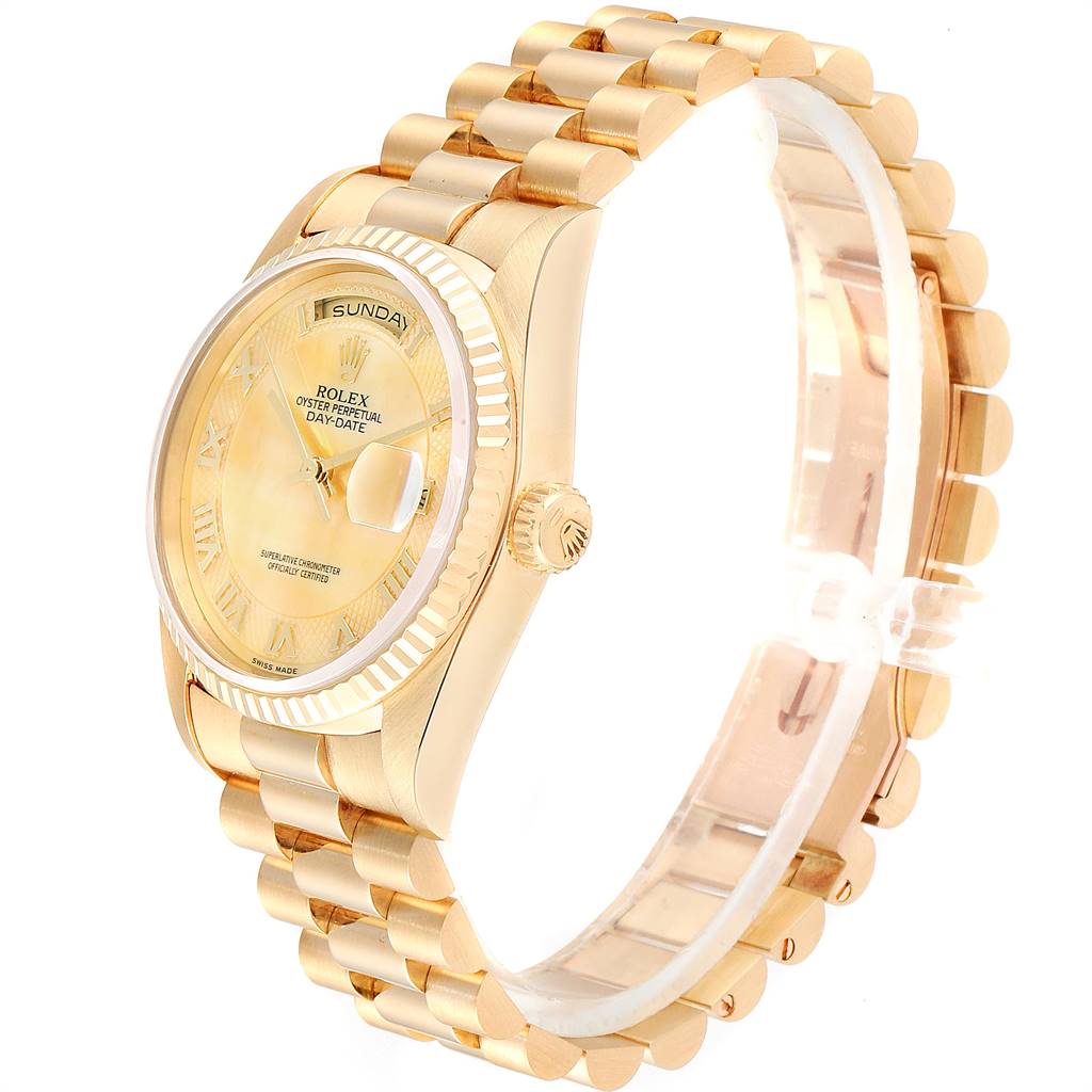 The Rolex President 18238 Men
s Yellow Gold Mother of Pearl Dial 18238 Men
s Yellow Gold Mother of Pearl Dial watch is shown from an angled side view, highlighting its face, bracelet, and crown.
