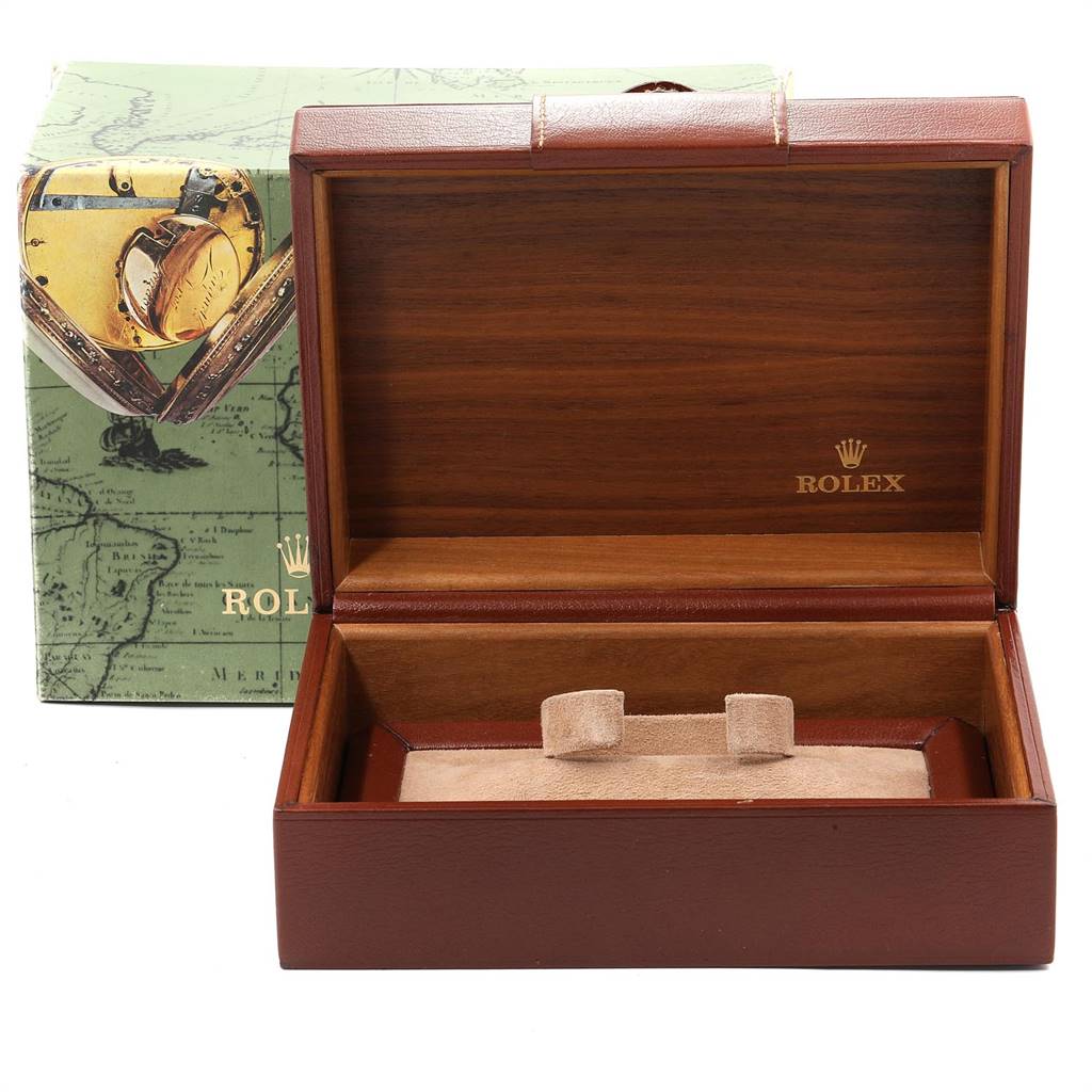 The image shows an open Rolex President 18039 Men
s White Gold Silver Dial 18039 Men
s White Gold Silver Dial model watch box with no watch inside, revealing the interior compartments and the brand logo.