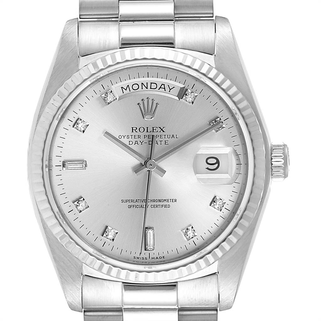 The Rolex President 18039 Men
s White Gold Silver Dial 18039 Men
s White Gold Silver Dial model watch is shown from a front angle, displaying its face, dial, hands, crown, and part of the bracelet.