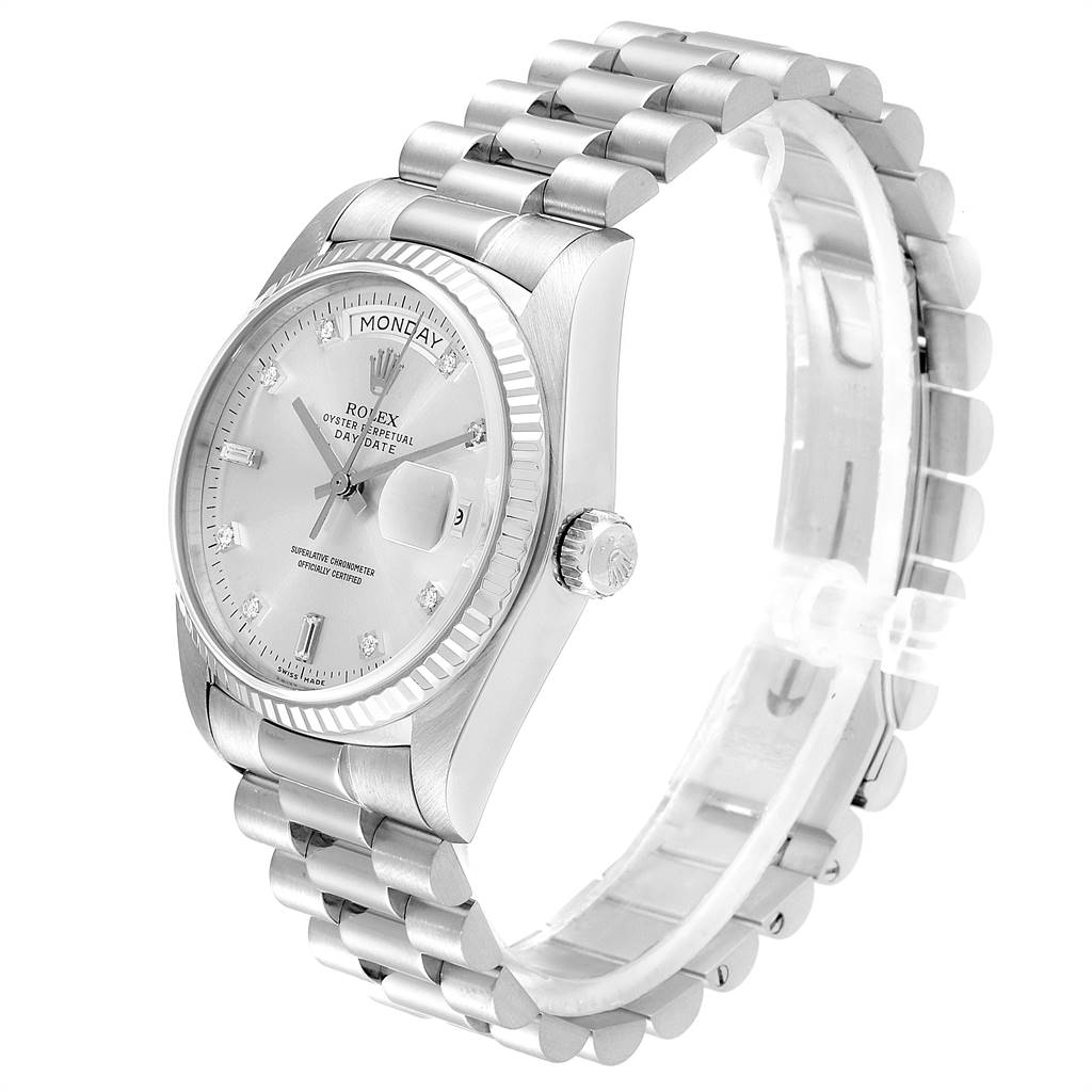 The image shows a side-angle view of a Rolex President 18039 Men
s White Gold Silver Dial 18039 Men
s White Gold Silver Dial model watch, displaying the face, bezel, crown, and bracelet.