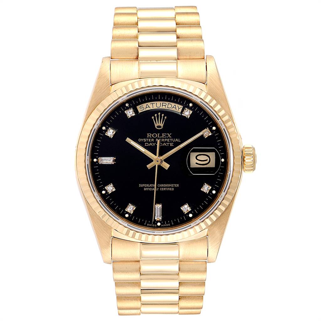 This image shows a gold Rolex President 18038 Men
s Yellow Gold Black Dial 18038 Men
s Yellow Gold Black Dial model watch from the front, displaying the black dial, day, and date features.