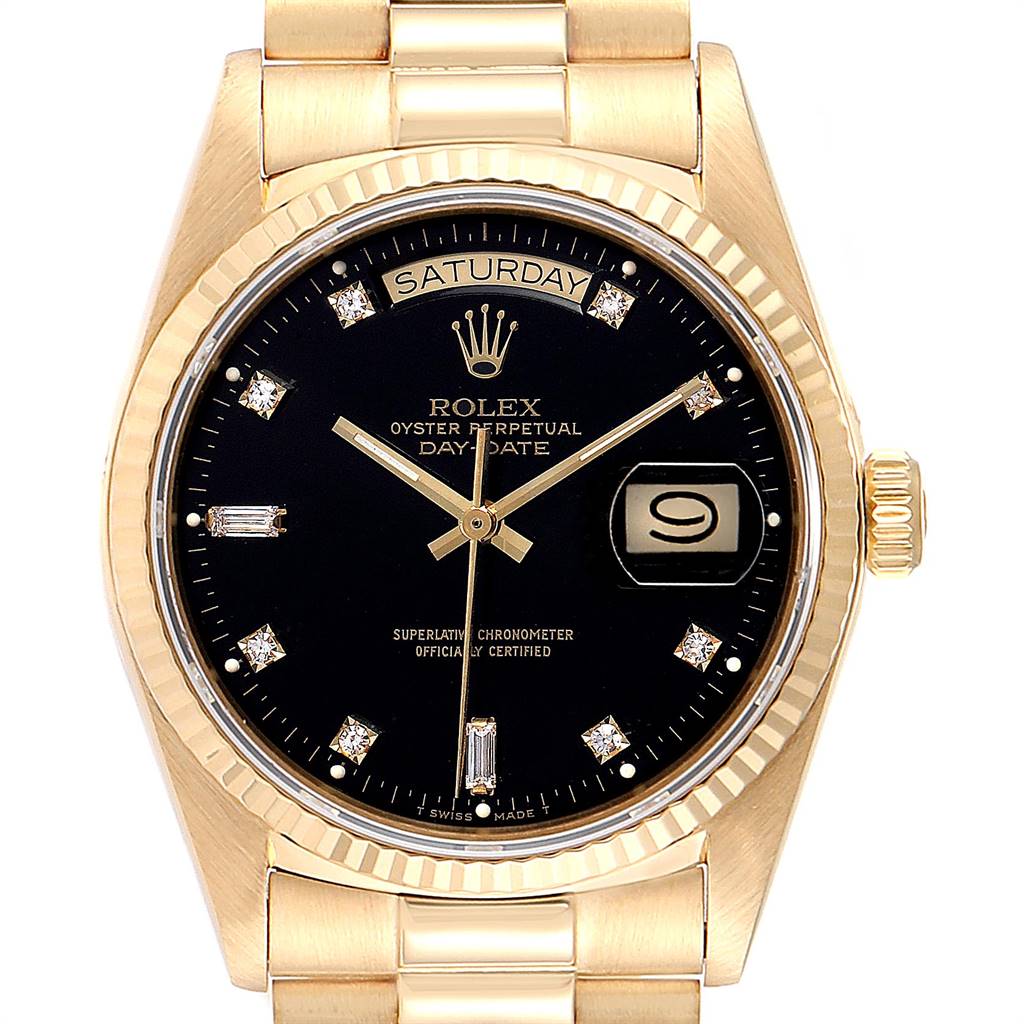 The image shows a front view of a Rolex President 18038 Men
s Yellow Gold Black Dial 18038 Men
s Yellow Gold Black Dial model watch, featuring a black dial, gold case, day-date window, and bracelet.