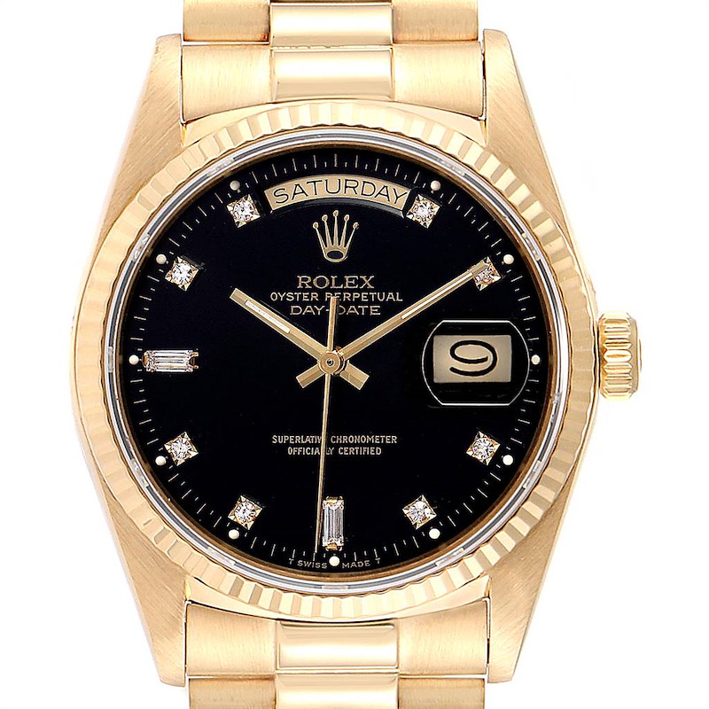 Rolex President Day-Date Yellow Gold Black Diamond Dial Watch 18038 SwissWatchExpo