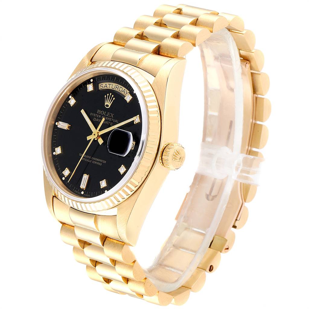 The image shows a Rolex President 18038 Men
s Yellow Gold Black Dial 18038 Men
s Yellow Gold Black Dial model watch at a three-quarter angle, highlighting its gold bracelet, black dial, and fluted bezel.