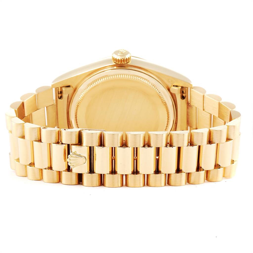 This image shows the back view of the Rolex President 18038 Men
s Yellow Gold Black Dial 18038 Men
s Yellow Gold Black Dial model watch, highlighting the bracelet and case back.