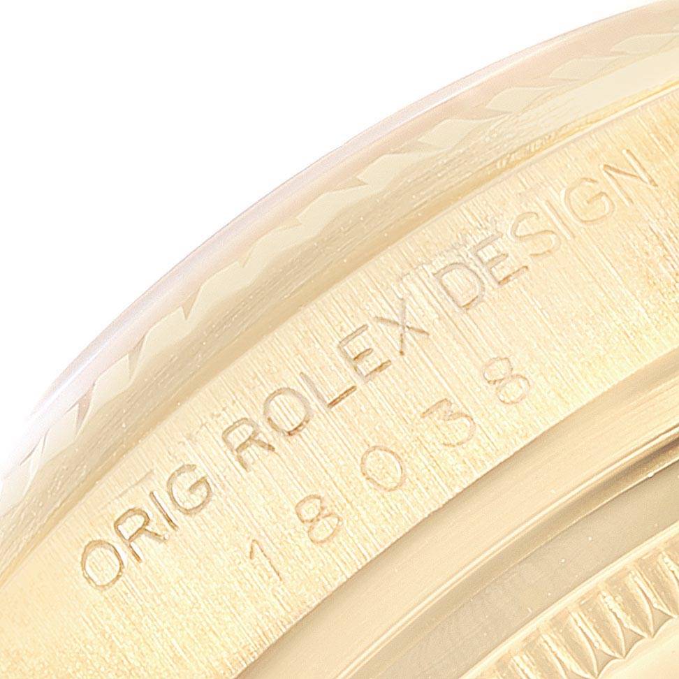This close-up image shows the edge of the caseback and engraving of a Rolex President 18038 Men
s Yellow Gold Black Dial 18038 Men
s Yellow Gold Black Dial model watch.