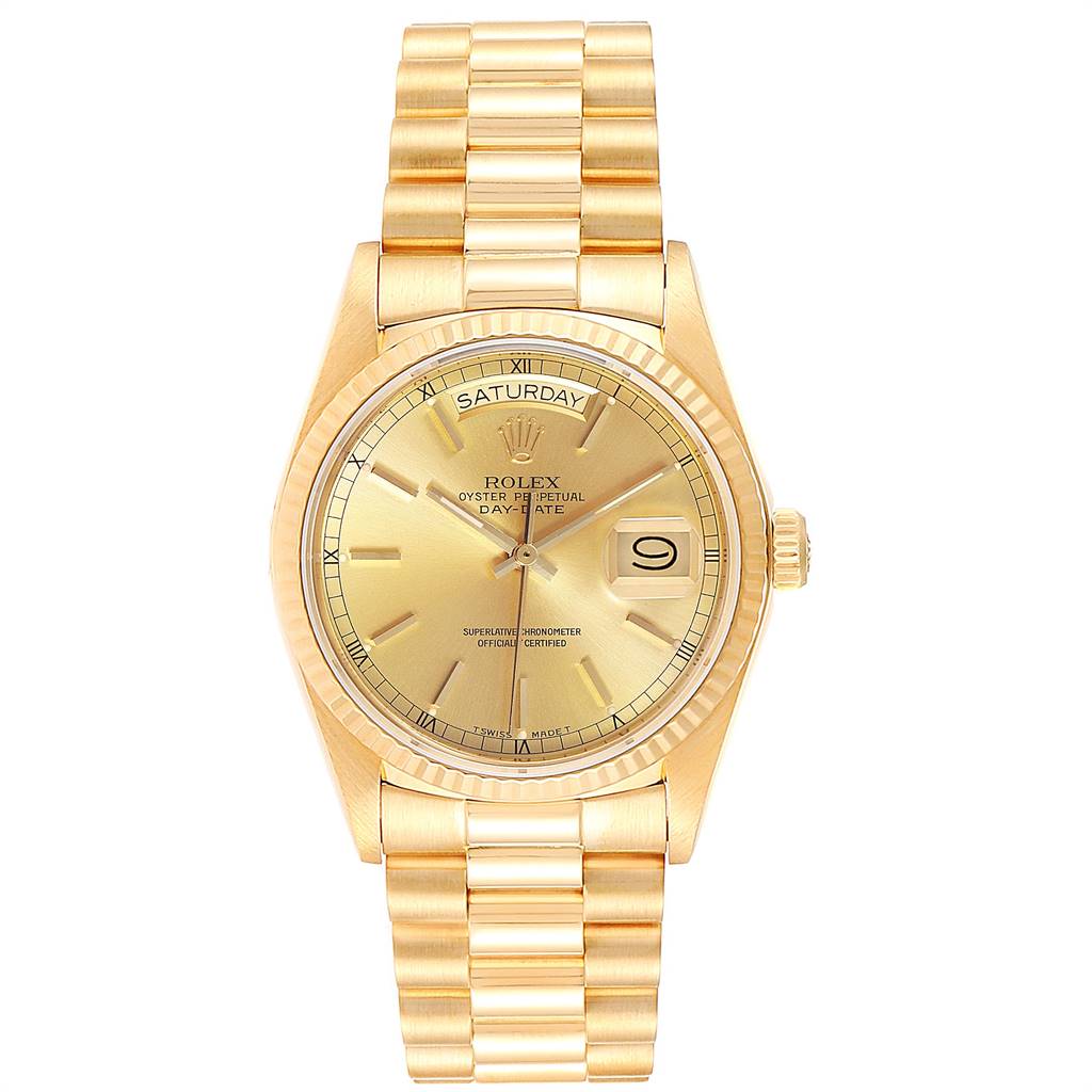 The image shows a front view of the Rolex President 18038 Men
s Yellow Gold Champagne Dial 18038 Men
s Yellow Gold Champagne Dial model, showcasing its gold bracelet, dial, day, and date windows.