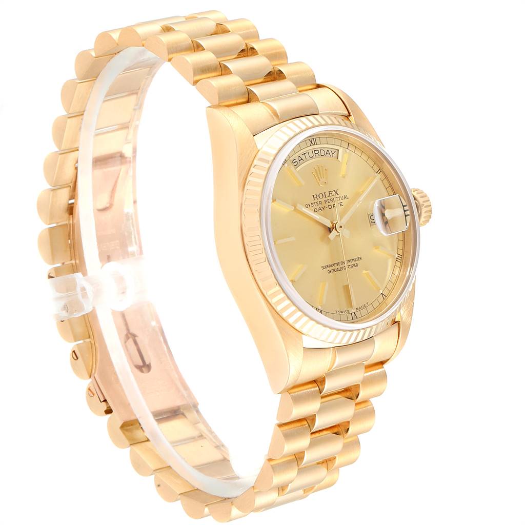 The image shows a side angle of a Rolex President 18038 Men
s Yellow Gold Champagne Dial 18038 Men
s Yellow Gold Champagne Dial model watch, highlighting its gold bracelet, case, and dial with a day display.