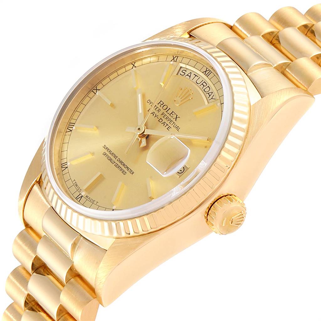 The image shows a Rolex President 18038 Men
s Yellow Gold Champagne Dial 18038 Men
s Yellow Gold Champagne Dial model watch from an angled side view, displaying its gold bracelet, bezel, dial, crown, and day-date features.