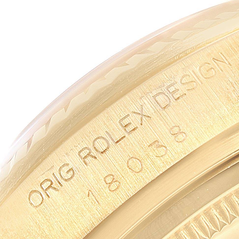 This is a close-up view of the side engraving on a Rolex President 18038 Men
s Yellow Gold Champagne Dial 18038 Men
s Yellow Gold Champagne Dial model watch.
