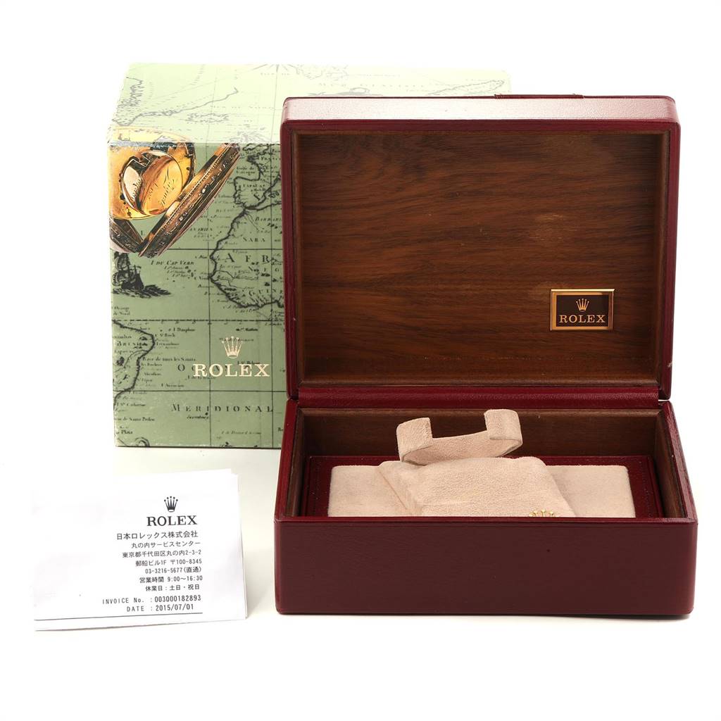 The image shows the packaging for a Rolex President 19018 Men
s Yellow Gold Black Dial 19018 Men
s Yellow Gold Black Dial model watch, including the watch box, outer box, and paperwork.