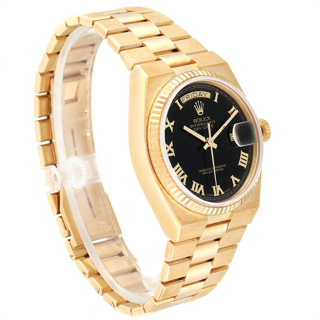 The image shows a Rolex President 19018 Men
s Yellow Gold Black Dial 19018 Men
s Yellow Gold Black Dial model watch at a slight angle, highlighting the gold bracelet, black dial, and fluted bezel.