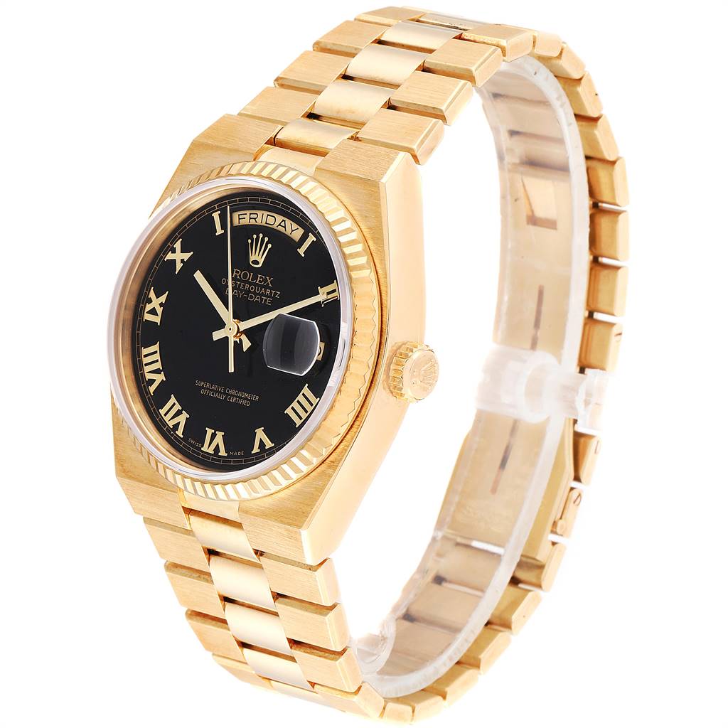 The image shows a Rolex President 19018 Men
s Yellow Gold Black Dial 19018 Men
s Yellow Gold Black Dial model from a side angle, displaying the gold band, black dial, and date magnifier.