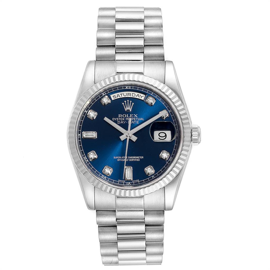The Rolex President 118239 Men's White Gold Blue Dial 118239 Men's White Gold Blue Dial model watch is shown from a front angle, displaying its bracelet, dial, and day-date features.