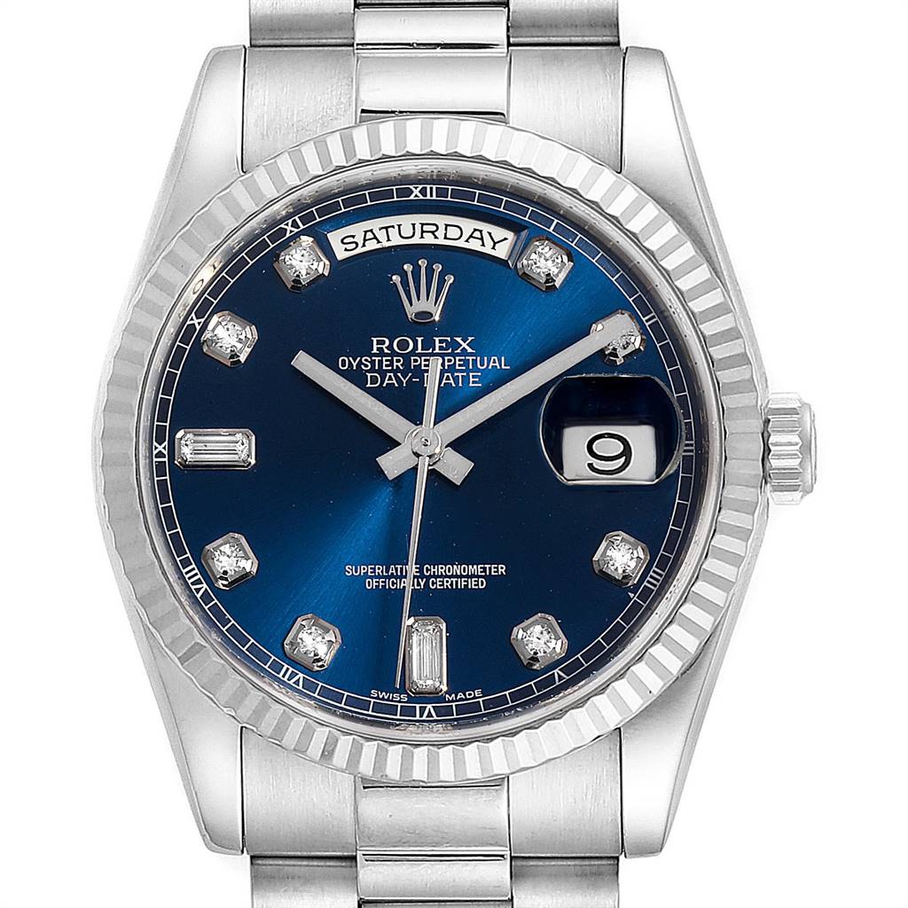 This image shows a frontal view of a Rolex President 118239 Men's White Gold Blue Dial 118239 Men's White Gold Blue Dial model watch, highlighting the dial, bezel, and part of the bracelet.