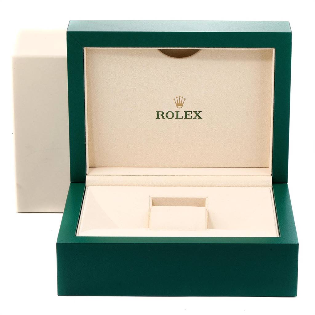 This is a front view of an empty Rolex President 118239 Men's White Gold Blue Dial 118239 Men's White Gold Blue Dial model watch box with the lid open.