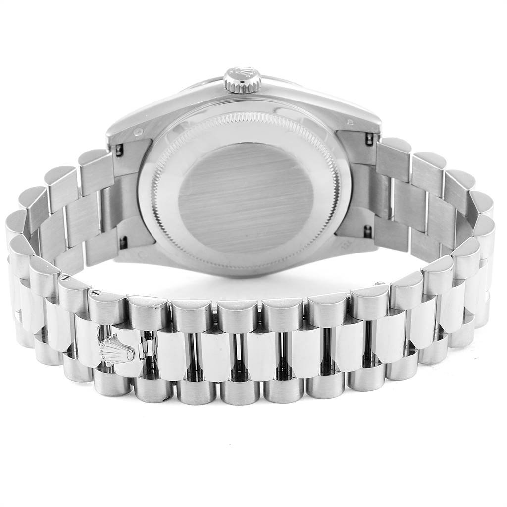 The image shows the back view of a Rolex President 118239 Men's White Gold Blue Dial 118239 Men's White Gold Blue Dial model watch, focusing on the case back and bracelet.