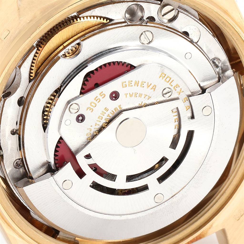 The image shows the inner mechanical movement of a Rolex President 18108 Men
s Yellow Gold Brown Dial 18108 Men
s Yellow Gold Brown Dial model watch, viewed from the back.
