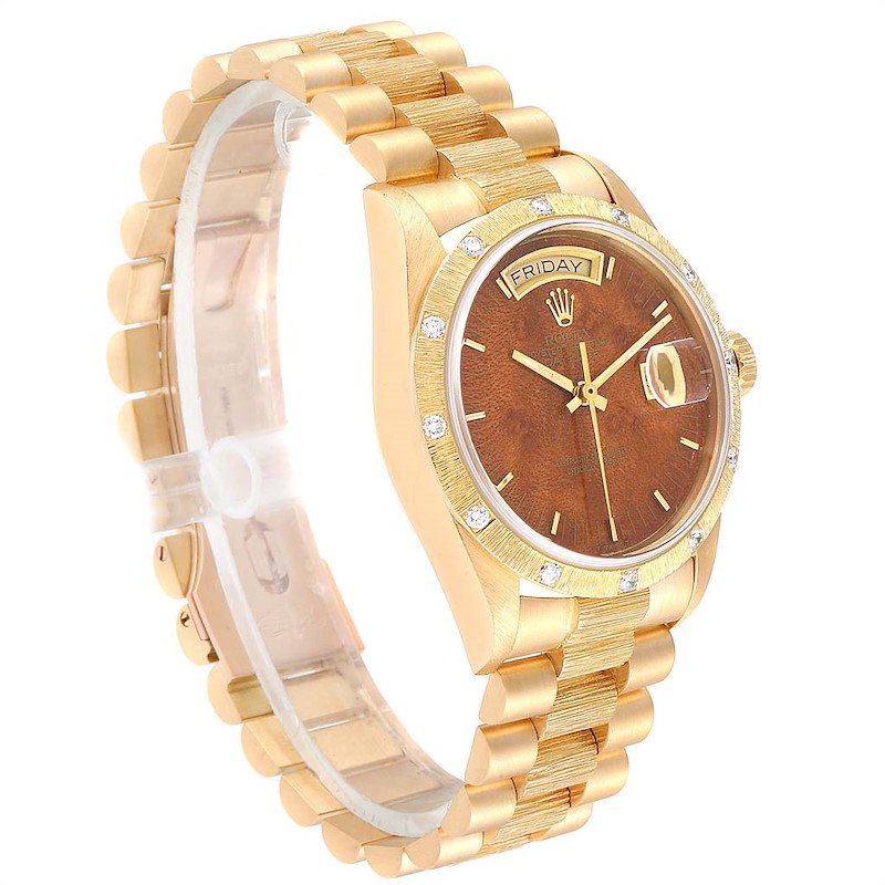 Rolex President Yellow Gold Diamond Wooden Dial Watch 18108