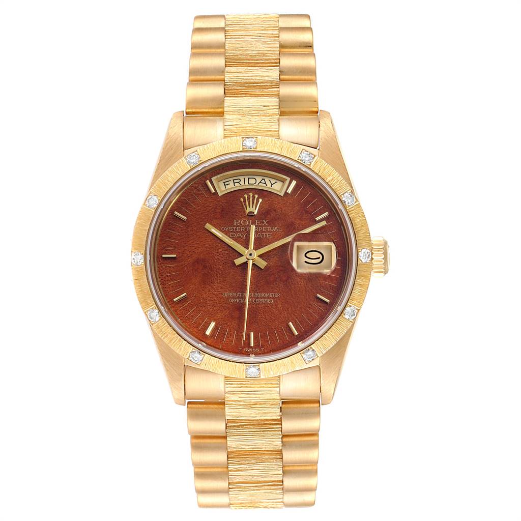 The image shows a frontal view of a Rolex President 18108 Men
s Yellow Gold Brown Dial 18108 Men
s Yellow Gold Brown Dial model watch, highlighting its golden bracelet, bezel with diamonds, and brown dial.