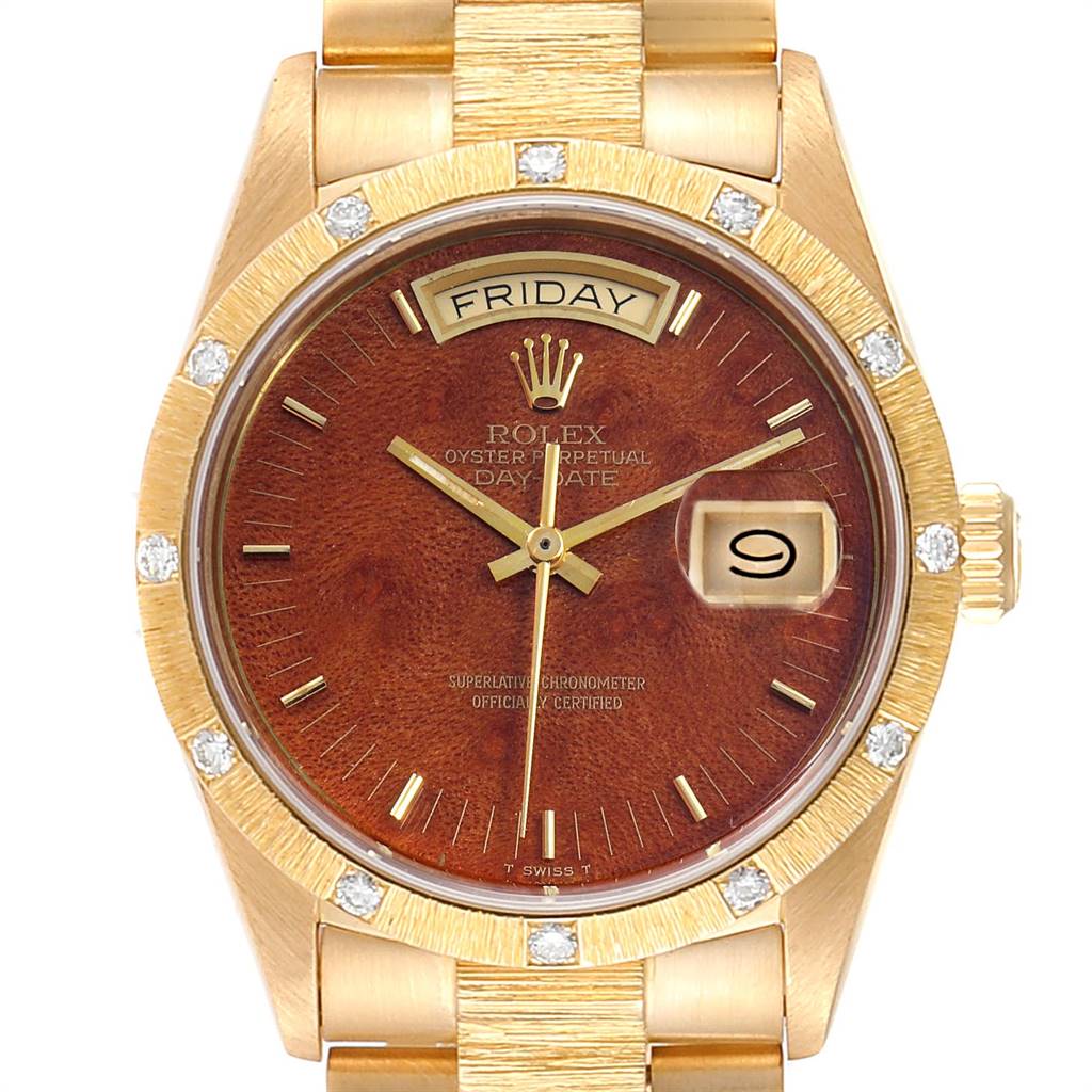 This image shows a frontal view of a Rolex President 18108 Men
s Yellow Gold Brown Dial 18108 Men
s Yellow Gold Brown Dial model watch, highlighting the dial, day, date windows, and gold bracelet.