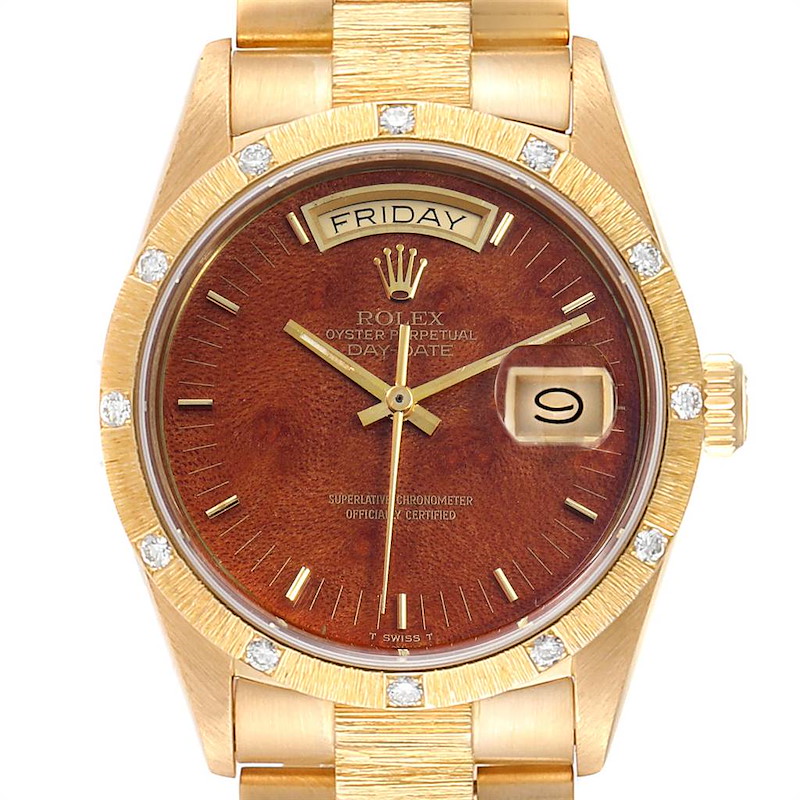 Rolex President Yellow Gold Diamond Wooden Dial Watch 18108 SwissWatchExpo